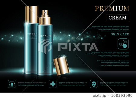 Hydrating facial cream for annual sale or festival sale. green and gold cream mask bottle isolated on golden light background. Graceful cosmetic ads, illustration. 108393990