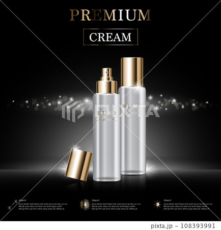 Hydrating facial cream for annual sale or festival sale. white and gold cream mask bottle isolated on golden light background. Graceful cosmetic ads, illustration. 108393991