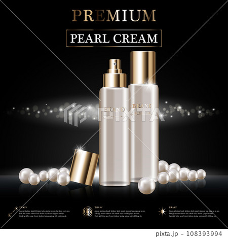 Hydrating facial cream for annual sale or festival sale. white pearl and gold cream mask bottle isolated on golden light background. Graceful cosmetic ads, illustration. 108393994