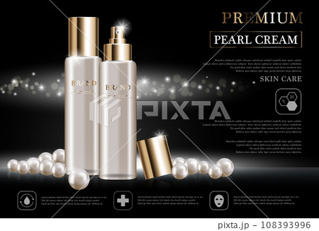 Hydrating facial cream for annual sale or festival sale. white pearl and gold cream mask bottle isolated on golden light background. Graceful cosmetic ads, illustration. 108393996
