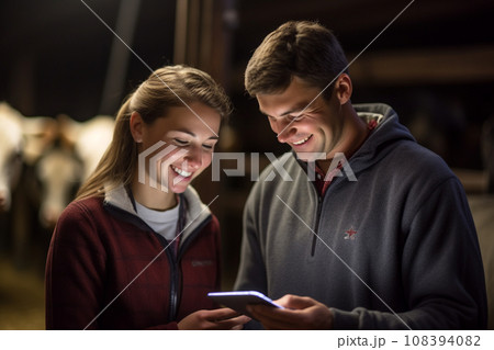 Couple holding a tablet to check production in a cattle farm with Generative AI 108394082