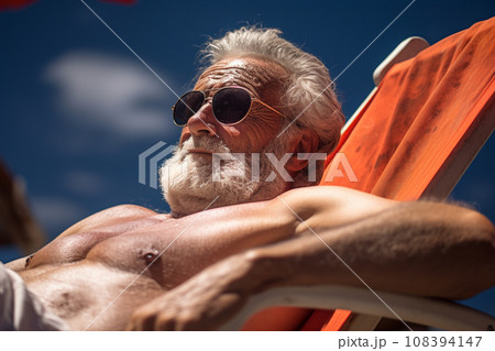 Senior male tourist sunbathing on sunbed at sea during daytime with Generative AI 108394147