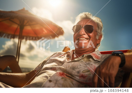 Senior male tourist sunbathing on sunbed at sea during daytime with Generative AI 108394148