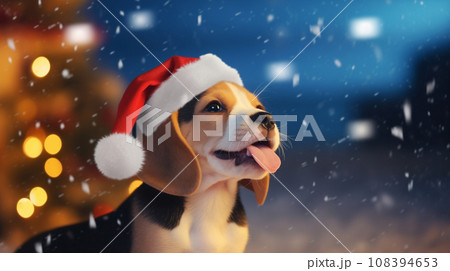 AI-generated content. Beagle dog in red hat on festive christmas background with copy space 108394653