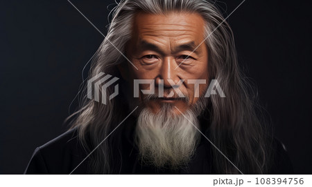Portrait an elderly handsome Asian senior man old with gray long hair, on a gray background, banner. Portrait an elderly handsome Asian senior man old with gray long hair, on a gray background, banner. 108394756