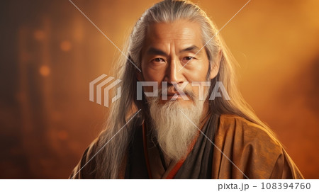Portrait of an elderly handsome Asian senior man old with gray long hair, on a golden background 108394760