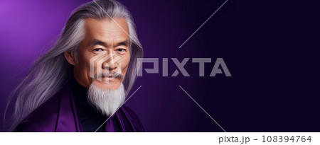 Portrait of an elderly handsome Asian senior man old with gray long hair, on a purple background 108394764
