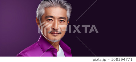 Elegant smiling elderly Asian man with gray hair on purple background, banner, copy space, portrait. 108394771