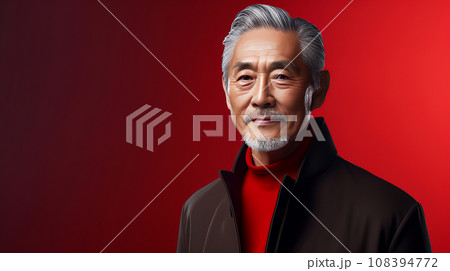 Elegant smiling elderly Asian man with gray hair, on a red background, banner, copy space, portrait. 108394772