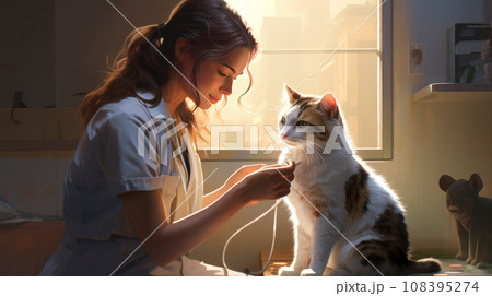 A veterinarian doctor examines a white cat in the clinic. Pet care and grooming concept A veterinarian doctor examines a white cat in the clinic. Pet care and grooming concept 108395274