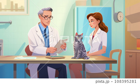 A cute veterinarian examines the dog, takes temperature and takes tests at the clinic for diseases. 108395281