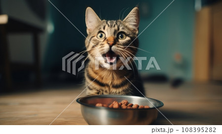 A small kitten sits near an iron bowl with dry food. 108395282