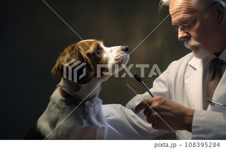 A cute veterinarian examines dog, takes the temperature and takes tests at the clinic for diseases. 108395284