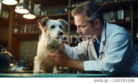 A cute veterinarian examines the dog, takes temperature and takes tests at the clinic for diseases. 108395286