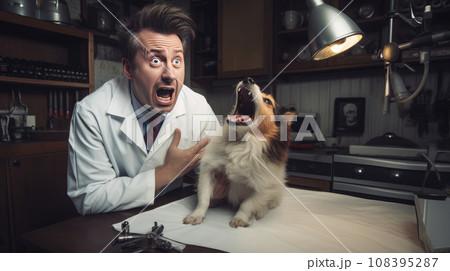 A veterinarian and a dog scream loudly in a veterinary clinic. 108395287