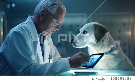 An elderly veterinarian with gray hair looks at a tablet and a ginger dog sits on the table  108395288
