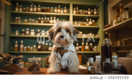 A cat in a doctor's dog sits at the table and prescribes medications at a veterinary pharmacy. 108395289