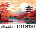 秋の京都の夕日と月 108395594