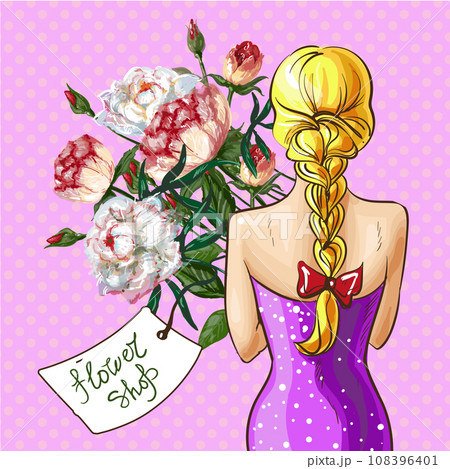 Vector pop art girl with flower bouquet Vector pop art girl with flower bouquet 108396401