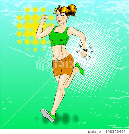 Vector pop art illustration of sporty girl running 108396443
