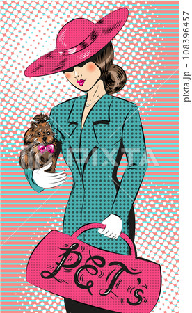 Vector pop art illustration of girl in hat with dog 108396457