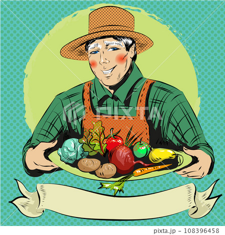 Vector pop art illustration of happy farmer with vegetables Vector pop art illustration of happy farmer with vegetables 108396458