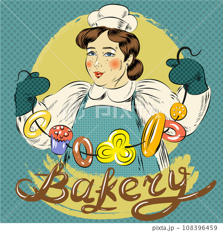Vector pop art illustration of woman with pastry 108396459