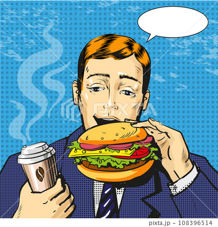 Vector pop art illustration of man eating burger Vector pop art illustration of man eating burger 108396514