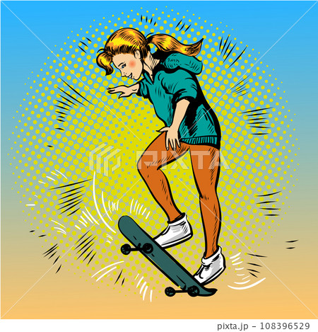 Vector pop art illustration of girl riding skateboard Vector pop art illustration of girl riding skateboard 108396529