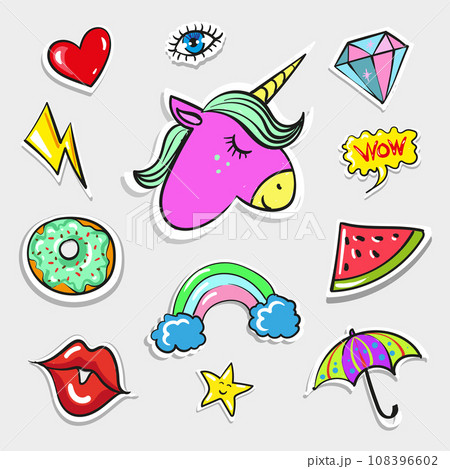 Vector pop art fashion quirky and cute badges, patches 108396602