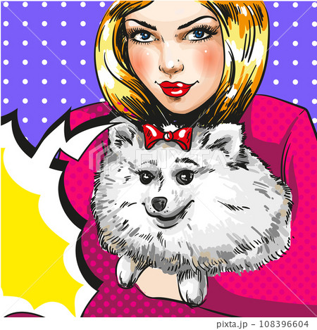 Vector vintage pop art girl with her pet dog Vector vintage pop art girl with her pet dog 108396604