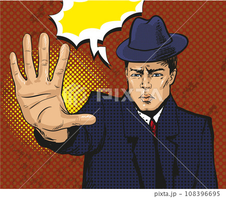 Vector vintage pop art illustration of stop gesturing man 108396695