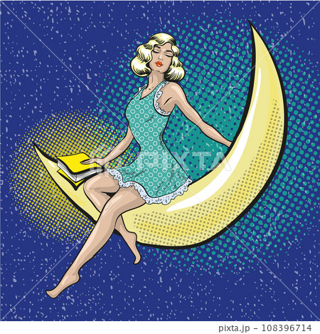 Vector pop art illustration of pretty woman sitting on the crescent Vector pop art illustration of pretty woman sitting on the crescent 108396714