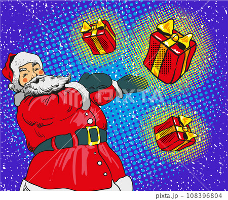 Santa claus with gifts vector illustration in comic pop art style. Merry Christmas holiday concept poster and greetings card 108396804