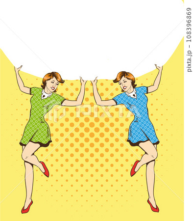Two woman hold blank white paper poster. Pop art comic retro style vector illustration. Put your own text template 108396869