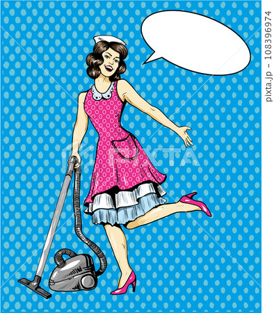 Woman vacuuming floor in house. Cleaning service concept vector illustration in retro comic pop art style Woman vacuuming floor in house. Cleaning service concept vector illustration in retro comic pop art style 108396974