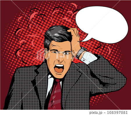 Businessman in panic of the financial crisis or business failure. Vector illustration in pop art retro style. Man with speech bubble 108397081