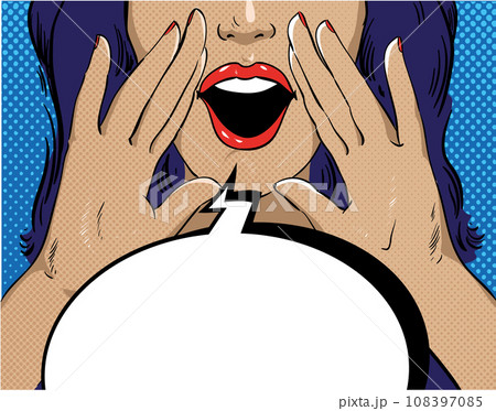 Woman with speech bubble in retro pop art style. Girl screaming template comic vector illustration. Face open mouth Woman with speech bubble in retro pop art style. Girl screaming template comic vector illustration. Face open mouth 108397085