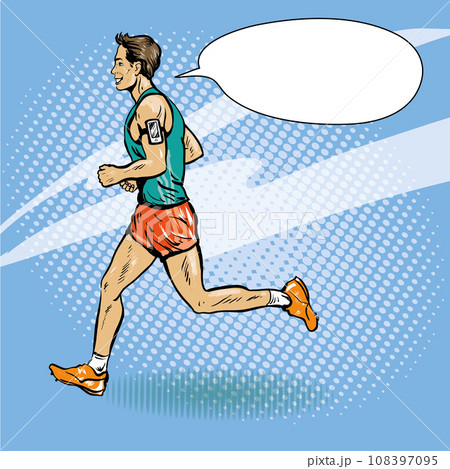 Sportsman running concept vector illustration in retro comic pop art style. Man athlete run marathon Sportsman running concept vector illustration in retro comic pop art style. Man athlete run marathon 108397095