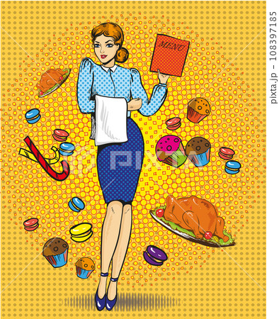 Vector illustration of waitress female, retro pop art comic style 108397185