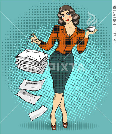 Vector illustration of business woman in retro pop art style. Vector illustration of business woman in retro pop art style. 108397186