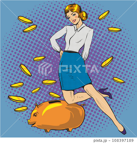 Vector illustration of woman and piggy bank, pop art style 108397189