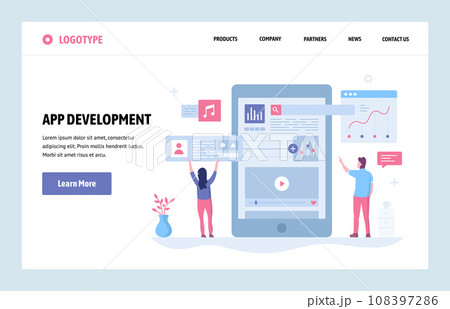 Vector web site linear art design template. Mobile phone app development. Landing page smartphone applications concepts for website and mobile development. Modern flat illustration. Vector web site linear art design template. Mobile phone app development. Landing page smartphone applications concepts for website and mobile development. Modern flat illustration. 108397286