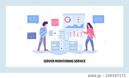 Vector web site design template. Data center server monitoring system. Network and computer performance chart. Landing page concepts for website and mobile development. Modern flat illustration 108397372