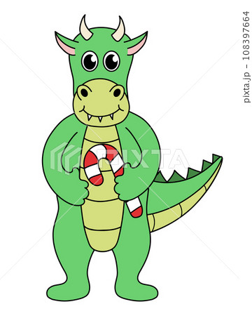Cartoon Christmas and New Year Dragon character. Cute Dragon with candy cane. Vector flat illustration. 108397664