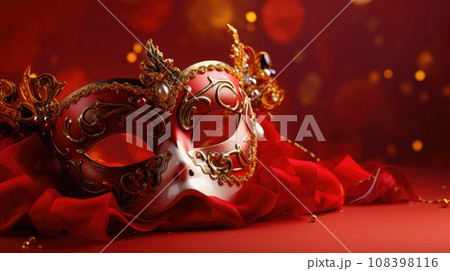 Festive Venetian carnival mask with gold decorations on red background. 108398116