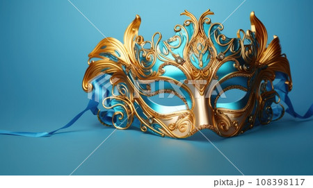 Festive Venetian carnival mask with gold decorations on dark blue background. 108398117