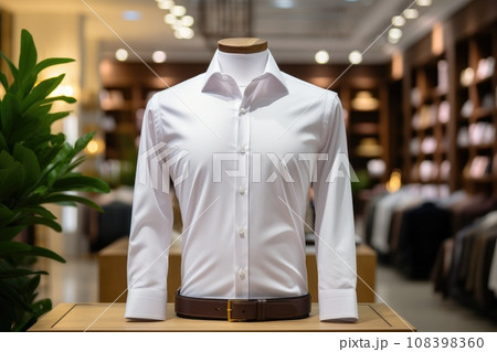 A shirts on hang for sale in shop at luxury shopping mall. Generative AI 108398360
