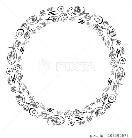 おせち素材のフレーム 円形 モノクロ 108399678