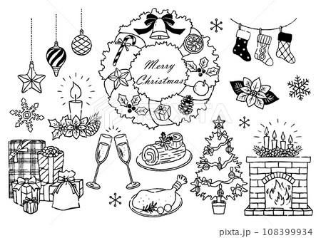 手描き クリスマスイラストセット モノクロのイラスト素材